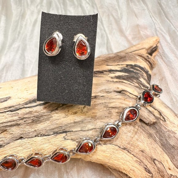 Garnet Sterling Silver Bracelet and Earrings - Picture 2 of 2